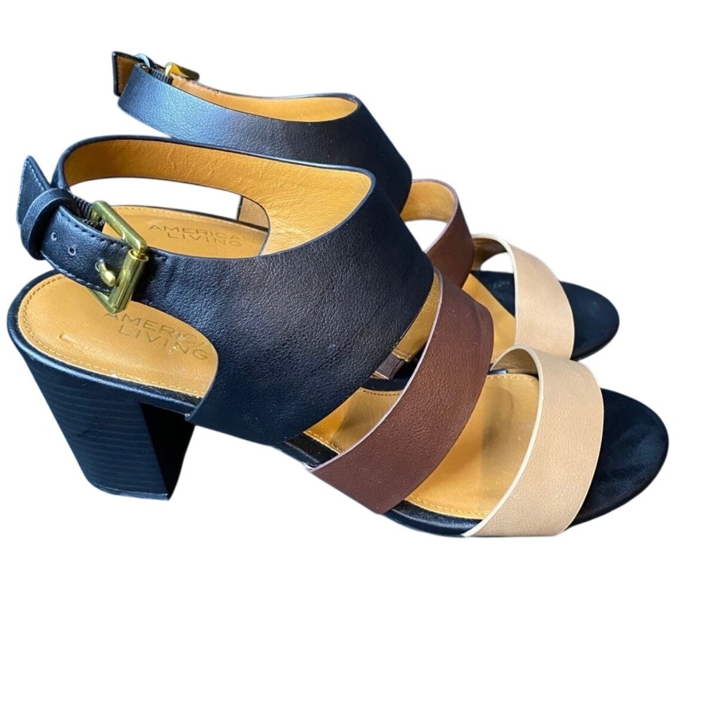 American Living Womens Tri-Color Block Heel Sandals Black Brown Tan Size 9B